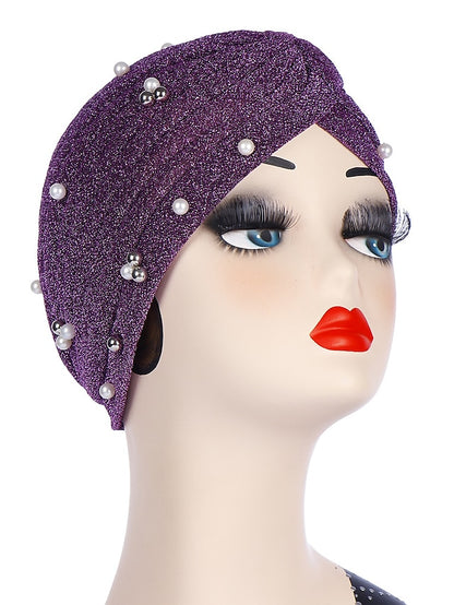Fashion Women Turban Gold Shiny Hat for Lady Pearl Beading Bright Hat Indian Style Muslim Thin Head Wraps - LuckyFash™