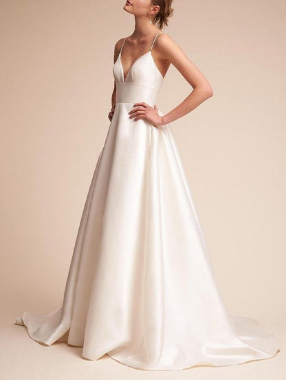 Illusion Deep-V Spaghetti Strap Wedding Dress - LuckyFash™