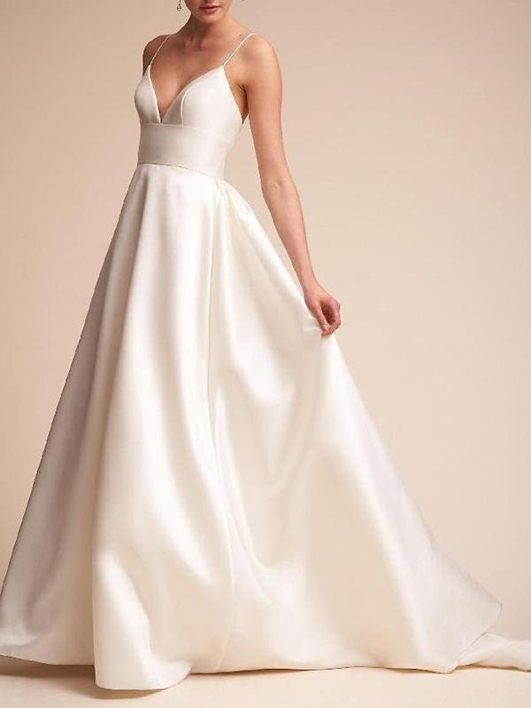 Illusion Deep-V Spaghetti Strap Wedding Dress - LuckyFash™