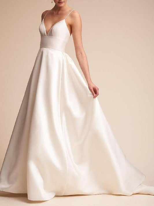 Illusion Deep-V Spaghetti Strap Wedding Dress - LuckyFash™