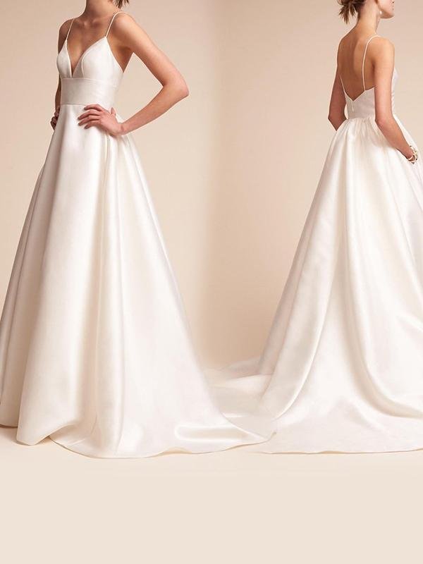 Illusion Deep-V Spaghetti Strap Wedding Dress - LuckyFash™