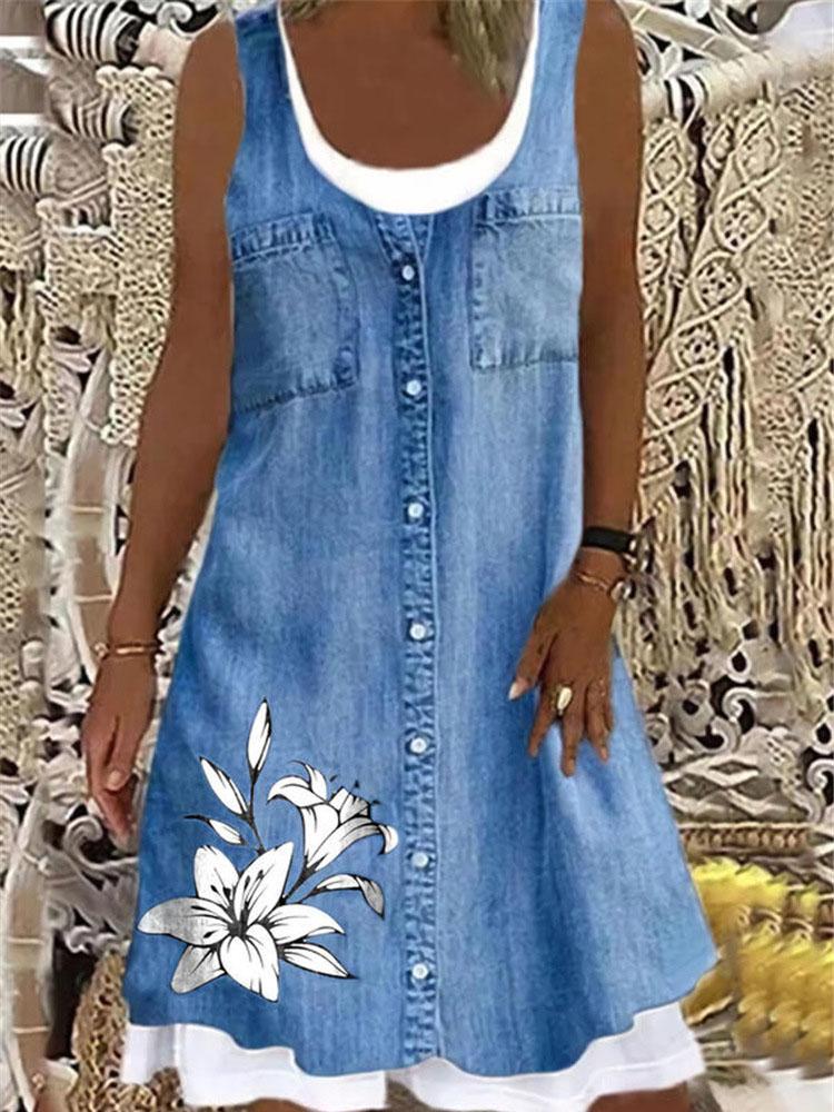 Imitation Denim Sleeveless Round Neck Mini Dress - LuckyFash™