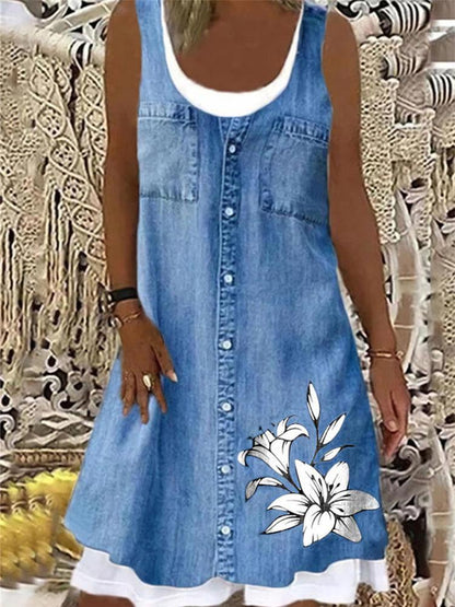 Imitation Denim Sleeveless Round Neck Mini Dress - LuckyFash™