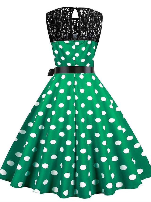 Women's Elegant Retro Vintage Dress Midi Dress Outdoor Holiday Lace Polka Dot Crew Neck Sleeveless Regular Fit Summer Spring 2023 Black White S M L XL - LuckyFash™
