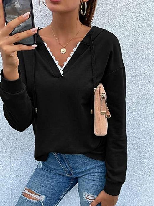 Women's Hoodies Casual Lace V-Neck Long Sleeve Hoodie - LuckyFash™
