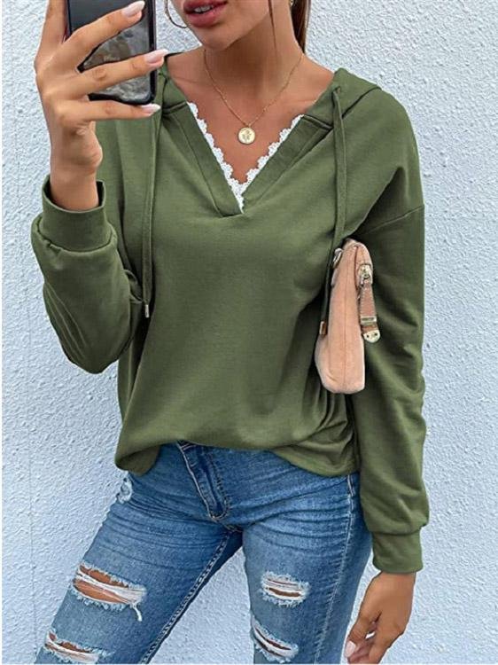 Women's Hoodies Casual Lace V-Neck Long Sleeve Hoodie - LuckyFash™