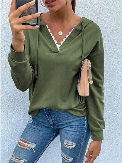 Women's Hoodies Casual Lace V-Neck Long Sleeve Hoodie - LuckyFash™