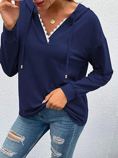 Women's Hoodies Casual Lace V-Neck Long Sleeve Hoodie - LuckyFash™