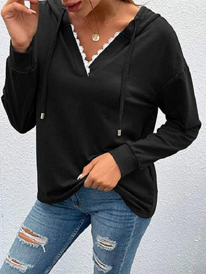 Women's Hoodies Casual Lace V-Neck Long Sleeve Hoodie - LuckyFash™