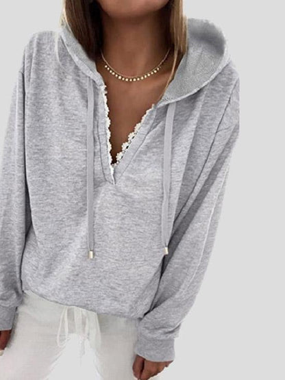 Women's Hoodies Casual Lace V-Neck Long Sleeve Hoodie - LuckyFash™
