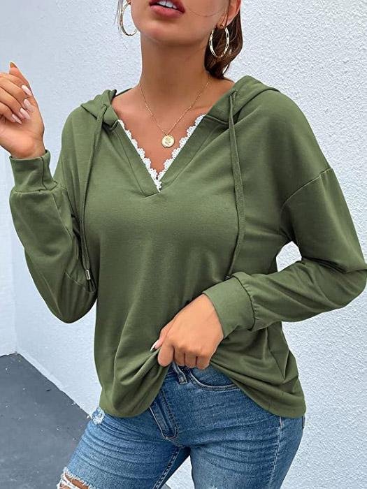 Women's Hoodies Casual Lace V-Neck Long Sleeve Hoodie - LuckyFash™