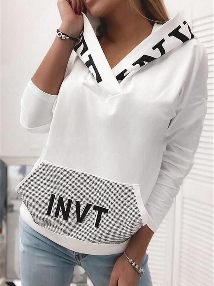 Women's Hoodies Loose Letter Print V-Neck Long Sleeve Hoodies - LuckyFash™
