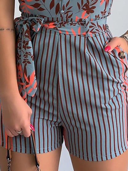 Women's Jumpsuits V-Neck Sling Leaf Print Lace-Up Jumpsuit - LuckyFash™