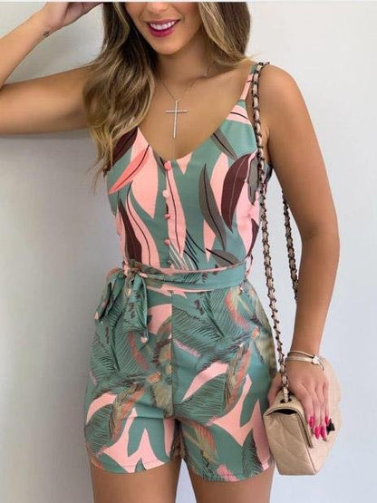 Women's Jumpsuits V-Neck Sling Leaf Print Lace-Up Jumpsuit - LuckyFash™