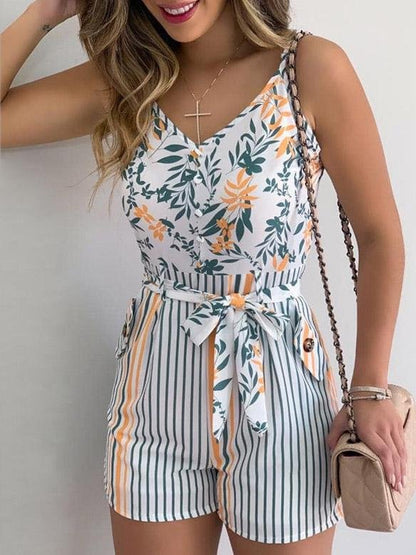 Women's Jumpsuits V-Neck Sling Leaf Print Lace-Up Jumpsuit - LuckyFash™