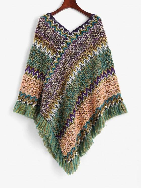 Intarsia Knit Fringed Poncho Sweater - LuckyFash™