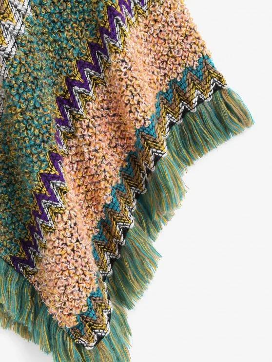 Intarsia Knit Fringed Poncho Sweater - LuckyFash™