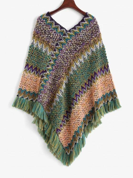 Intarsia Knit Fringed Poncho Sweater - LuckyFash™