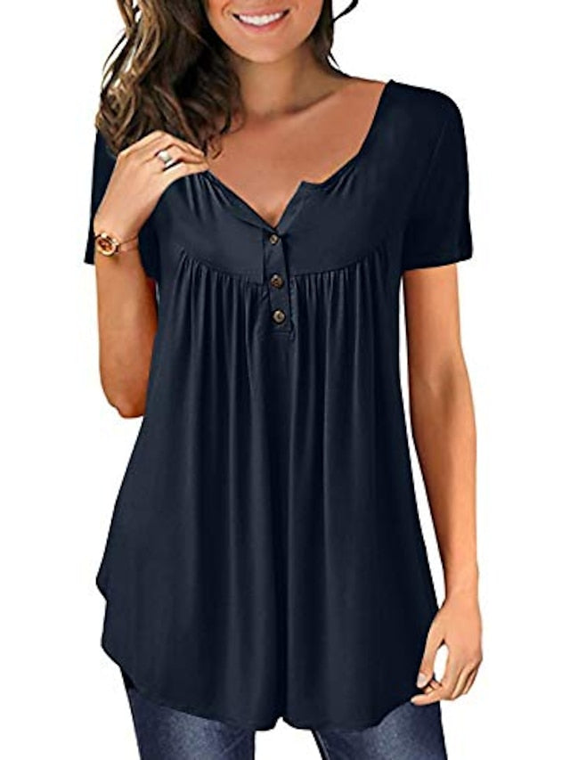 Women's Henley Shirt T shirt Tee Black White Red Plain Button Short Sleeve Casual Daily Basic Daily Casual Round Neck Long S - LuckyFash™