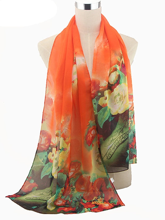 Women'S Digital Print Vintage Large Floral Peony Georgette Beach Towel Sun Protection Shawl Silk Scarf - LuckyFash™