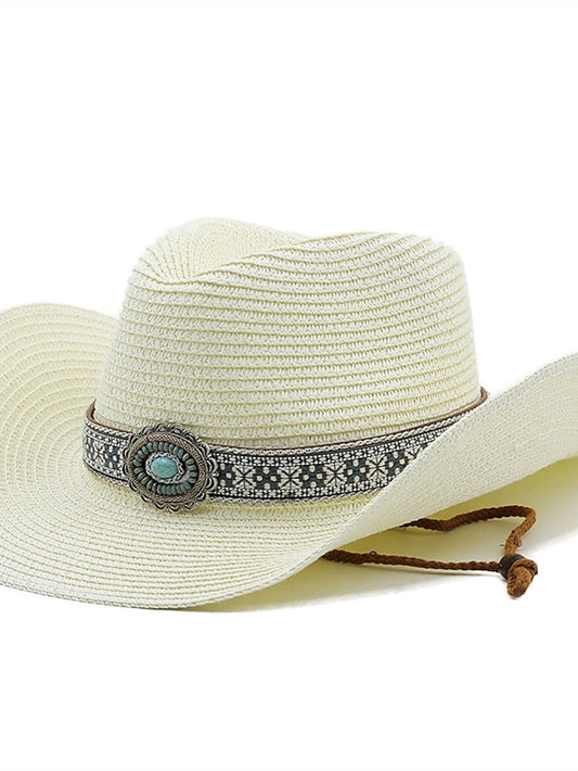Turquoise Decoration Western Cowboy Hat Men Women Cowgirl Summer Straw Hats For Lady Sun Hat Beach Cowgirl Jazz Hat - LuckyFash™