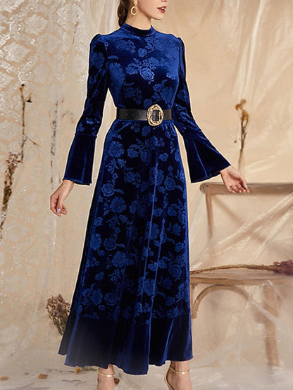 Womenâ€˜s Formal Party Dress Wedding Guest Dress Velvet Dress Red Long Dress Maxi Dress Wine Dark Blue Long Sleeve Floral Velvet Print Winter Fall Stand Collar Fashion Elegant Fall Dress 2023 S M L XL - LuckyFash™