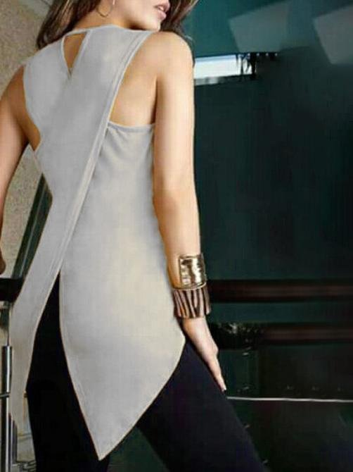 Irregular Cross Back Slim Solid Round Neck Sleeveless Tank Top - LuckyFash™