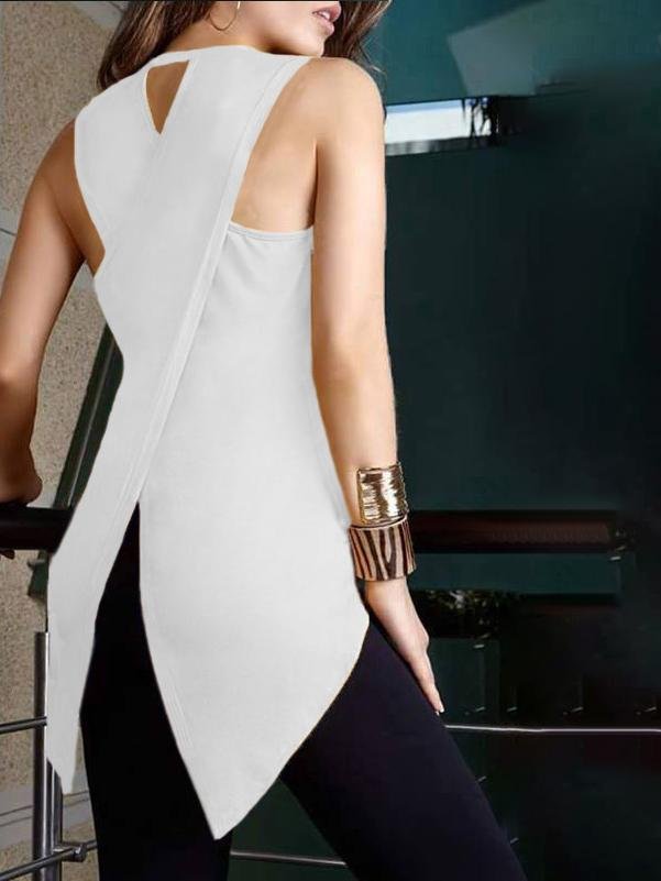 Irregular Cross Back Slim Solid Round Neck Sleeveless Tank Top - LuckyFash™