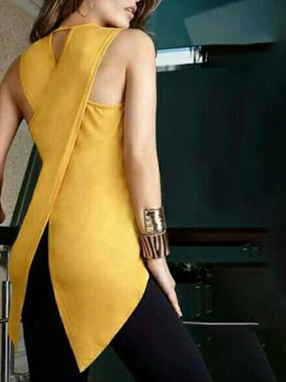 Irregular Cross Back Slim Solid Round Neck Sleeveless Tank Top - LuckyFash™