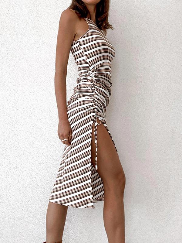 Irregular Folds Slit Sleeveless Striped Dress - LuckyFash™