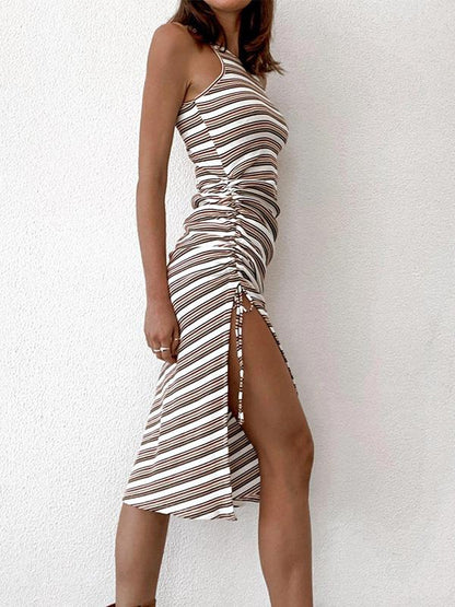 Irregular Folds Slit Sleeveless Striped Dress - LuckyFash™