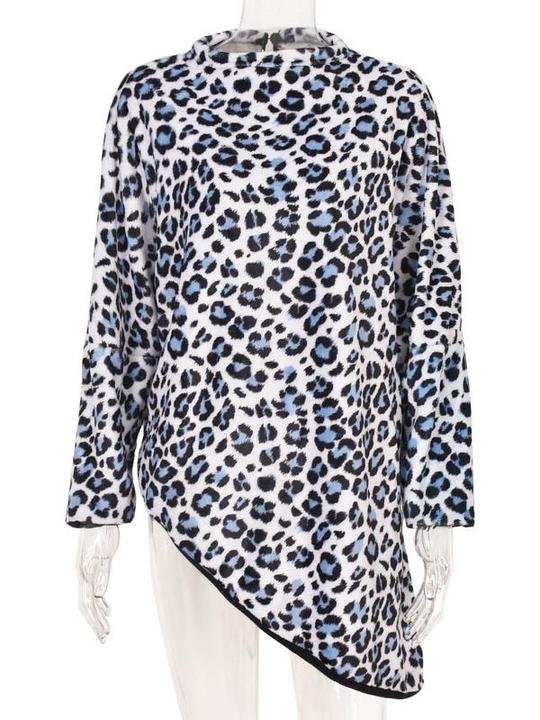 Irregular leopard print bottoming shirt contrast color round neck sweater - LuckyFash™