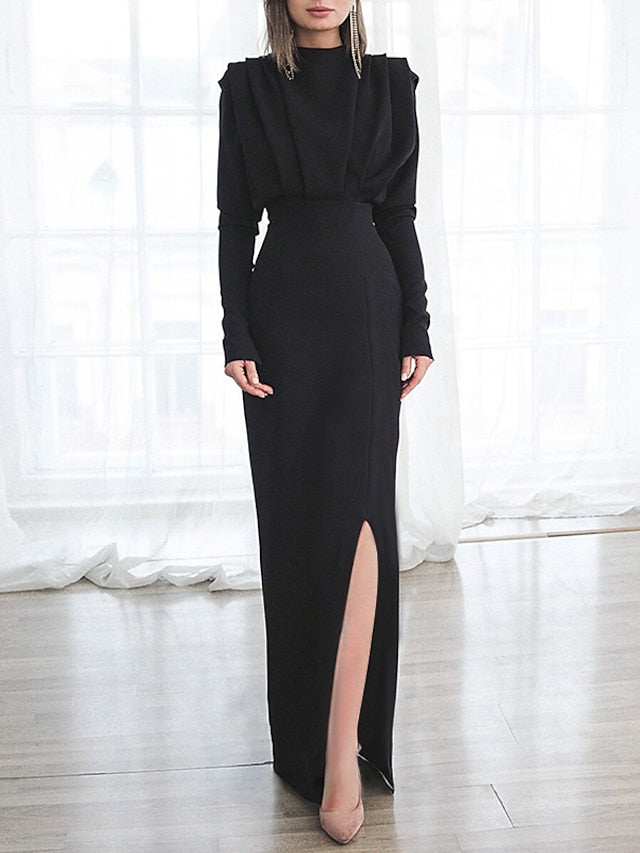 Womenâ€˜s Formal Party Dress Wedding Guest Dress Sheath Dress Long Dress Maxi Dress Black Red Long Sleeve Pure Color Ruched Winter Fall Autumn Turtleneck Fashion Winter Dress 2023 XS S M L XL XXL - LuckyFash™