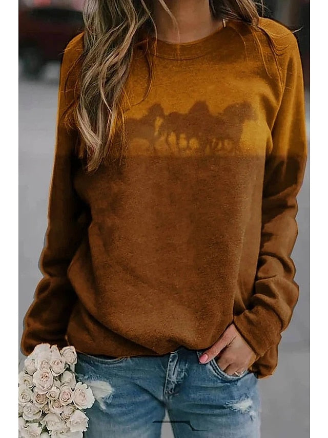 Women's Hoodie Sweatshirt Pullover Streetwear Casual Purple Yellow Khaki Graphic Horse Loose Fit Daily Round Neck Long Sleeve S M L XL XXL - LuckyFash™