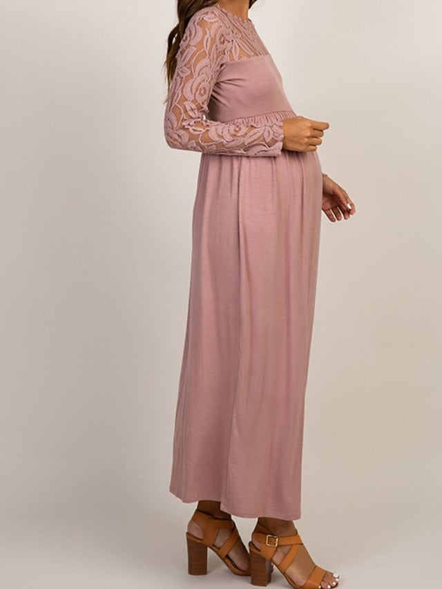 Womenâ€˜s Baby Shower Dress Casual Dress Lace Dress Sheath Dress Solid Color Maxi Long Sleeve Lace Patchwork Crew Neck Black White Pink Spring S M L XL XXL - LuckyFash™