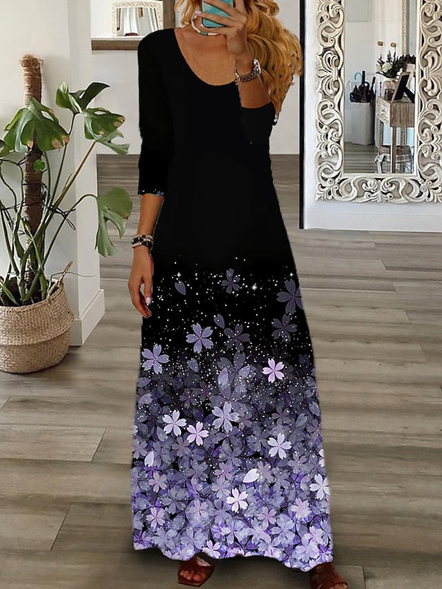 Women's Floral Crew Neck Long Dress Maxi Dress Casual Dress Print Dress Casual Outdoor Daily Weekend Print Long Sleeve Dress Regular Fit White Fall Spring S M L XL XXL - LuckyFash™