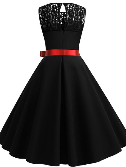 Women's Lace Dress Vintage Dress Swing Dress Midi Dress Light Blue Wine Red Black Sleeveless Print Lace up Summer Spring Fall Crew Neck 1950s Party Spring Dress 2023 S M L XL XXL - LuckyFash™