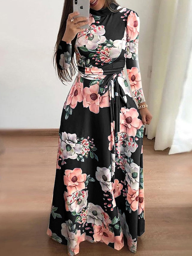 Women's Floral Casual Dress Swing Dress Floral Dress Long Dress Maxi Dress Black Navy Blue Light Blue Short Sleeve Lace up Spring Summer Turtleneck Hot Slim 2023 S M L XL XXL 3XL 4XL 5XL - LuckyFash™