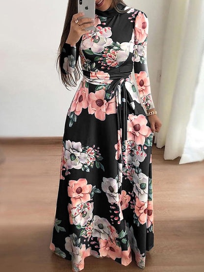 Women's Floral Casual Dress Swing Dress Floral Dress Long Dress Maxi Dress Black Navy Blue Light Blue Short Sleeve Lace up Spring Summer Turtleneck Hot Slim 2023 S M L XL XXL 3XL 4XL 5XL - LuckyFash™