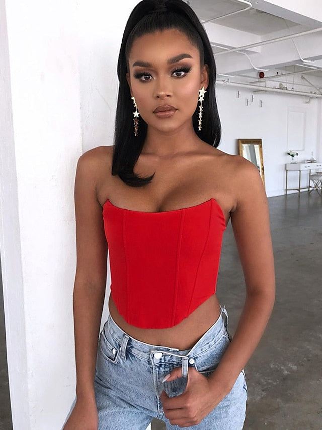 Women's Bandeau Corset Black Pink Red Plain Sleeveless Holiday Weekend Streetwear Casual Strapless Crop Slim S - LuckyFash™