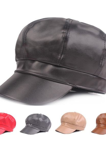 PU Beret Women's Spring Autumn Winter Black Newsboy British Vintage Street Painter's Hat Wine Red Hat Simple Style Berets Octagonal Hat - LuckyFash™