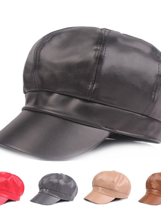PU Beret Women's Spring Autumn Winter Black Newsboy British Vintage Street Painter's Hat Wine Red Hat Simple Style Berets Octagonal Hat - LuckyFash™