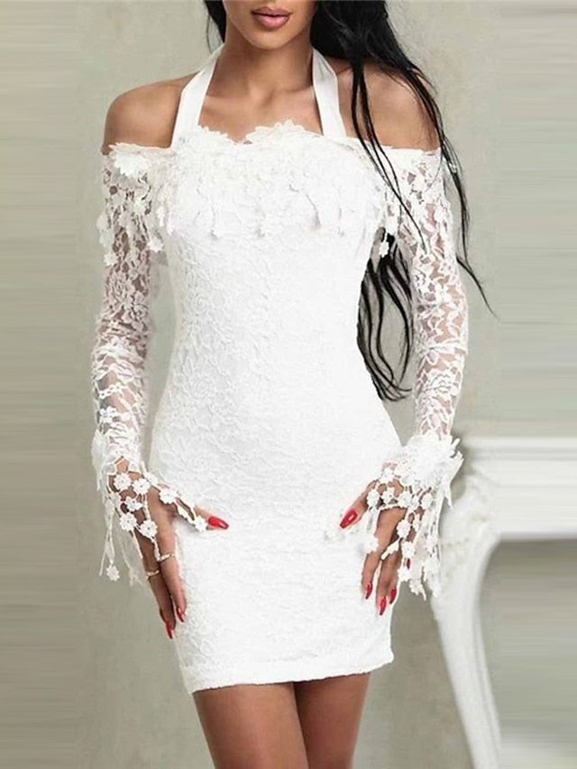 Women's Holiday Dress Sheath Dress Mini Dress White Long Sleeve Pure Color Lace Winter Fall Autumn Off Shoulder Stylish Winter Dress Wedding Guest Fall Dress 2023 S M L XL - LuckyFash™