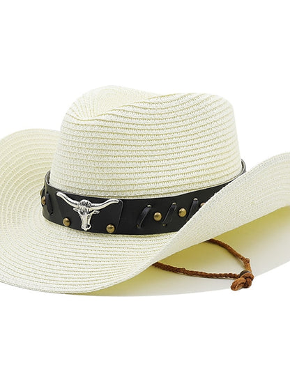 Ethnic Style Hat Cowboy Men Straw Panama Hat Belt Cow Decorate Wide Brimmed Hats For Summer Khaki Women Hat New Arrival - LuckyFash™