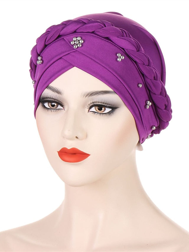 Multiple Colors Choice with Beads Women Muslim Braid Head Turban Wrap Cover Islamic Arab Cap Fashion Hair Loss Bonnet Beanies - LuckyFash™