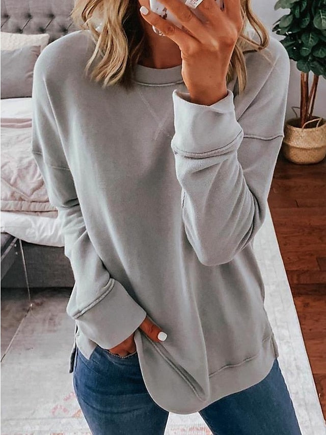 Women's Hoodie Sweatshirt Pullover Basic Blue Gray Pink Solid Colored Loose Fit Daily Round Neck Cotton S M L XL XXL 3XL / Oversized - LuckyFash™