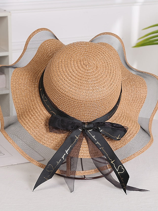 Women's Hat Straw Hat Sun Hat Pink Khaki Navy Blue Outdoor Street Dailywear Mesh Bow Ribbon bow Portable Sun Protection Comfort - LuckyFash™