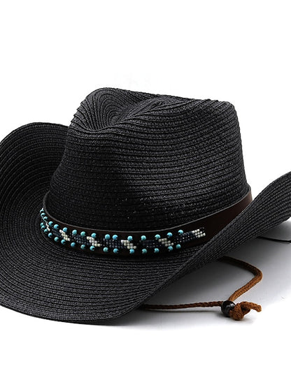 British Wind with Bead Leather Rope Cowgirl Summer Straw Hat for Women Men Western Cowboy Hat Lady Trendy Beach Sun Hat for Women - LuckyFash™