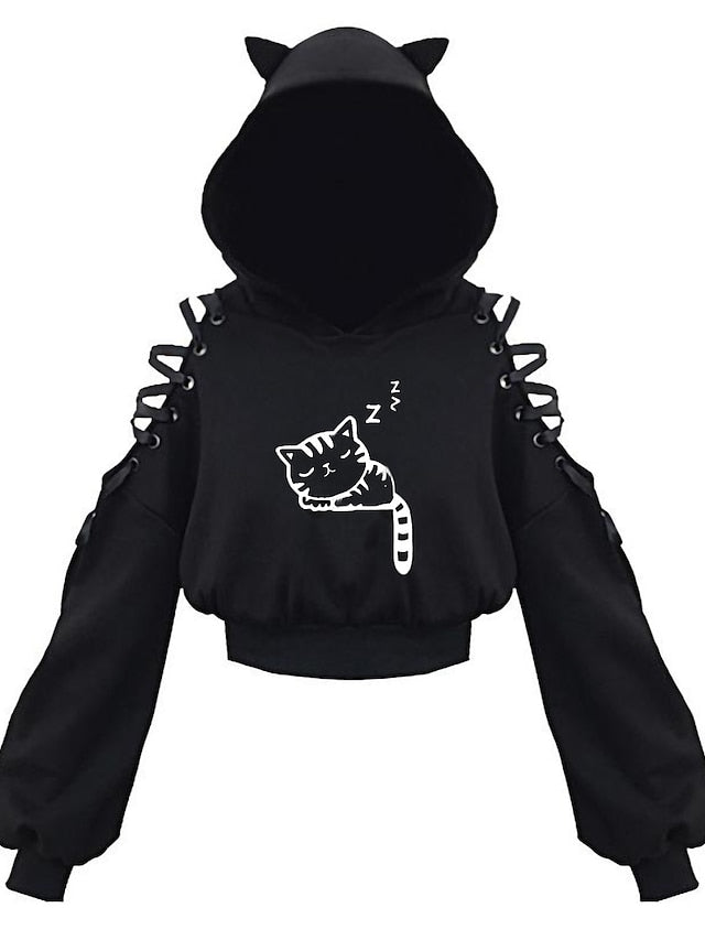 hoodie crop top cat ear hooded sweatshirt hollow out lace up sleeves(4xl,cats climbing) for Women - LuckyFash™