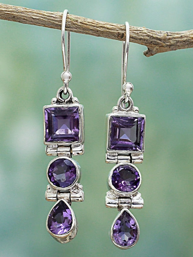 1 Pair Earrings For Women's Girls'  Imitation Diamond Alloy Classic Wedding Amethyst Diamond zircon earrings long Pendant Earring - LuckyFash™